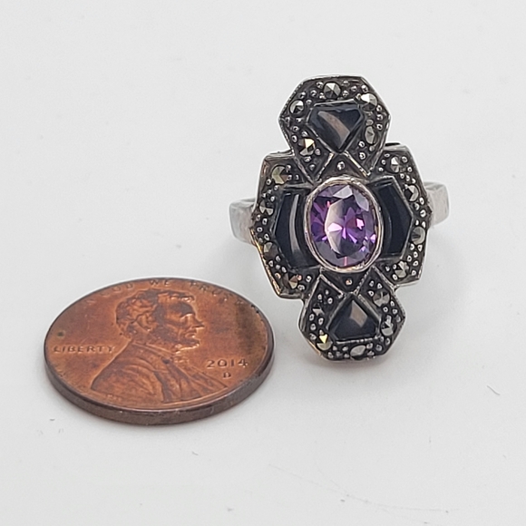 Sterling Silver Purple Glass Center Onyx Art Deco Style Ring Size 5 1/4 - Picture 11 of 13